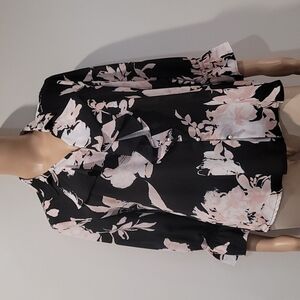 Karl Lagerfeld Paris Black Pink Floral Pearl Buttons Ruffle Blouse Size M